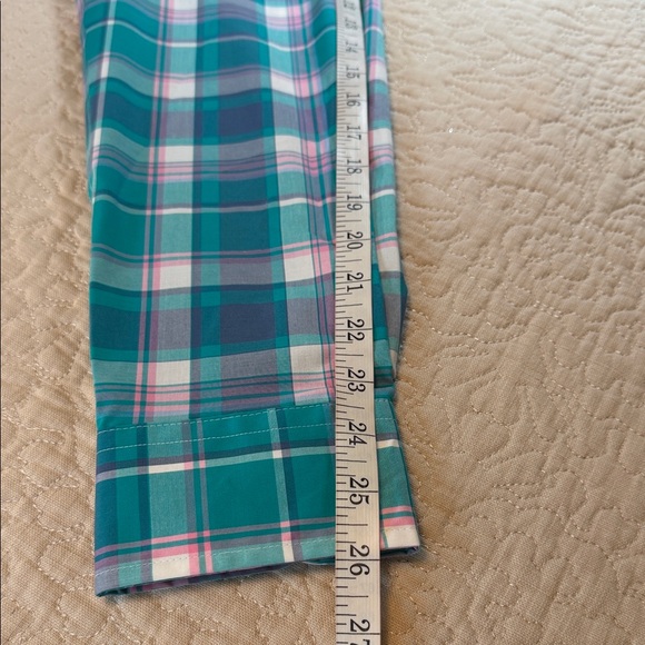 Crown & Ivy Size Large Classic Fit Teal & White Plaid Button-Down Cotton Shirt - Picture 6 of 7